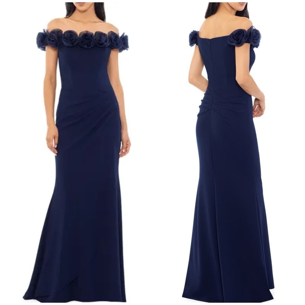 NWT Xscape Floral Applique Off the Shoulder Gown Maxi Dress Rosette Navy Sz 6